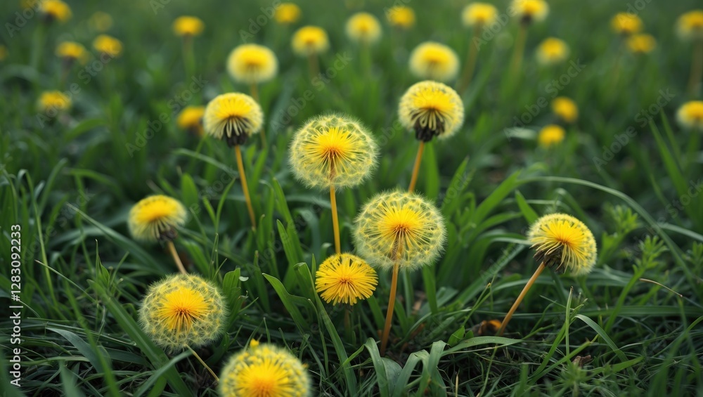 Poster yellow dandelions blooming in green grass field with blurred background and copy space for text plac
