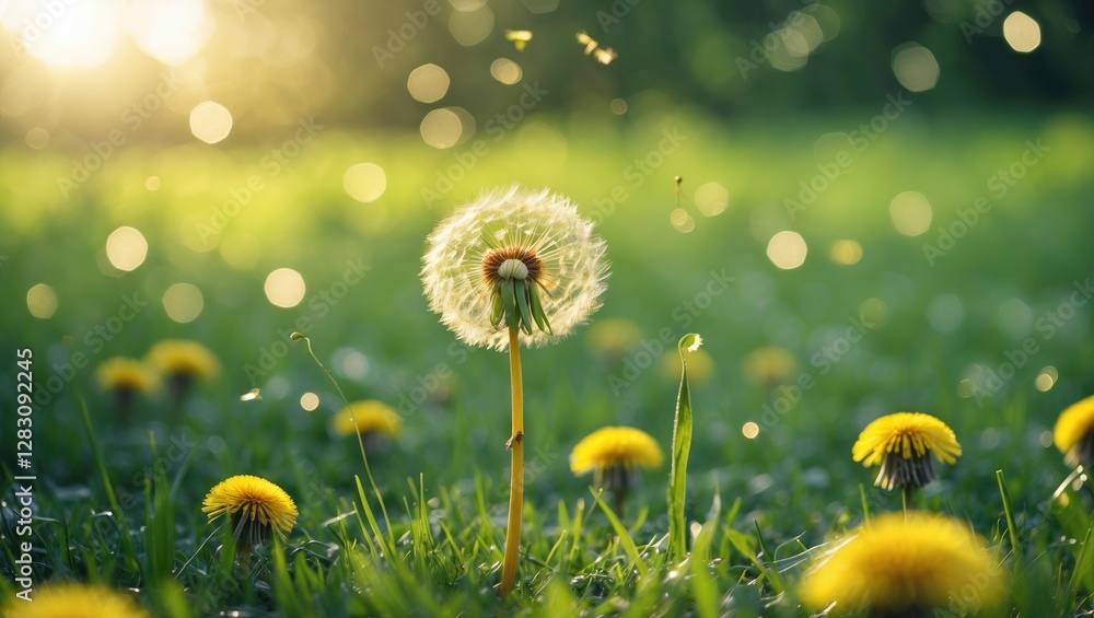 Poster dandelion seeds blowing in the wind over a lush green field with bokeh sunlight creating a soft back