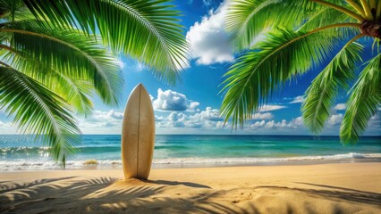 A surfboard resting on a sandy beach under a palm tree with swaying leaves and a bright blue sky, surrounded by tropical greenery