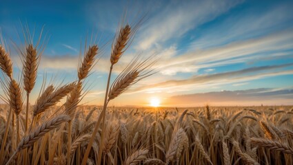 Wheat field at sunset with golden ears of wheat swaying in the wind under a blue sky and scattered clouds Copy Space