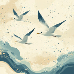 Fototapeta premium Birds soaring over waves with a soft color palette in a coastal setting