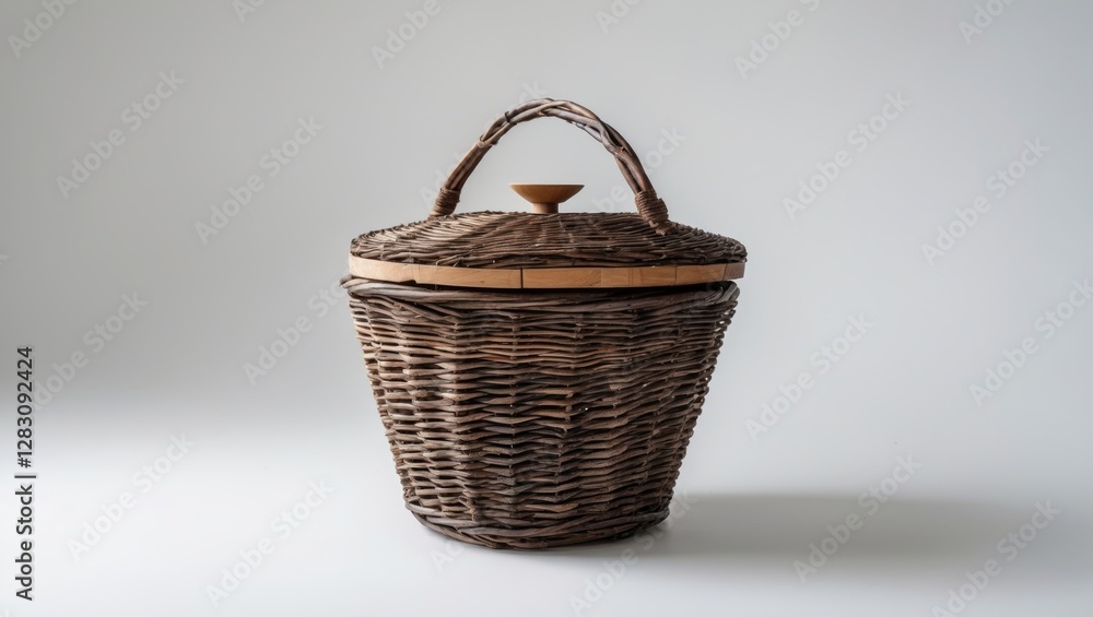 Aufkleber woven wicker basket with lid and handle on neutral background with plenty of copy space for text pla