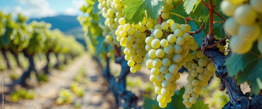 Poster close-up of ripe green grapes on the vine in a vineyard with blurred background and copy space for t