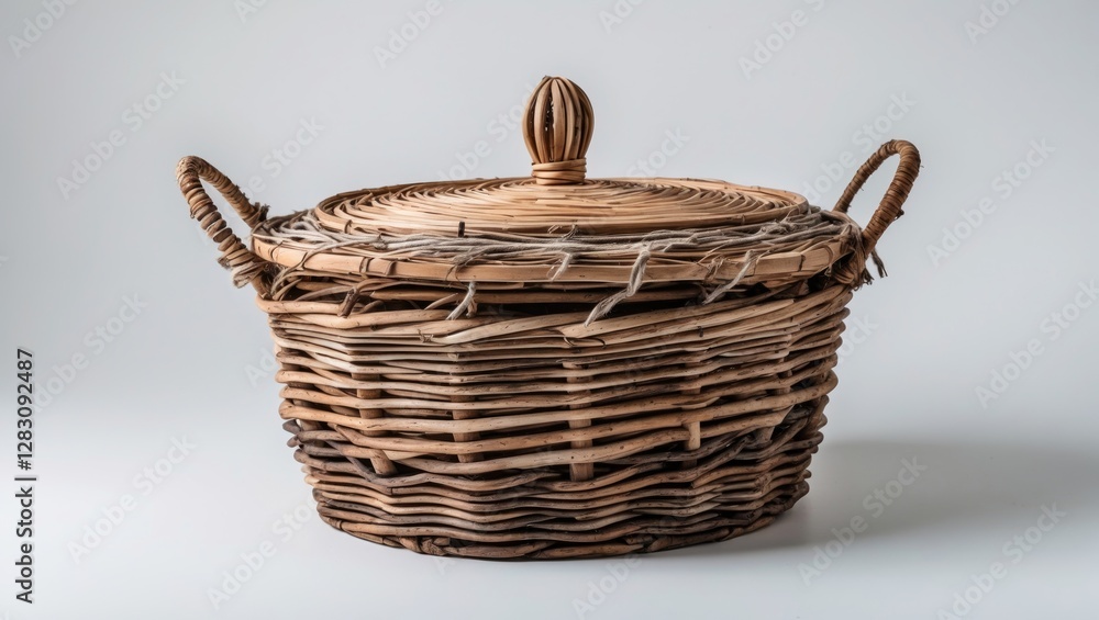 Poster woven wicker storage basket with lid and handles on a plain background with ample copy space for tex