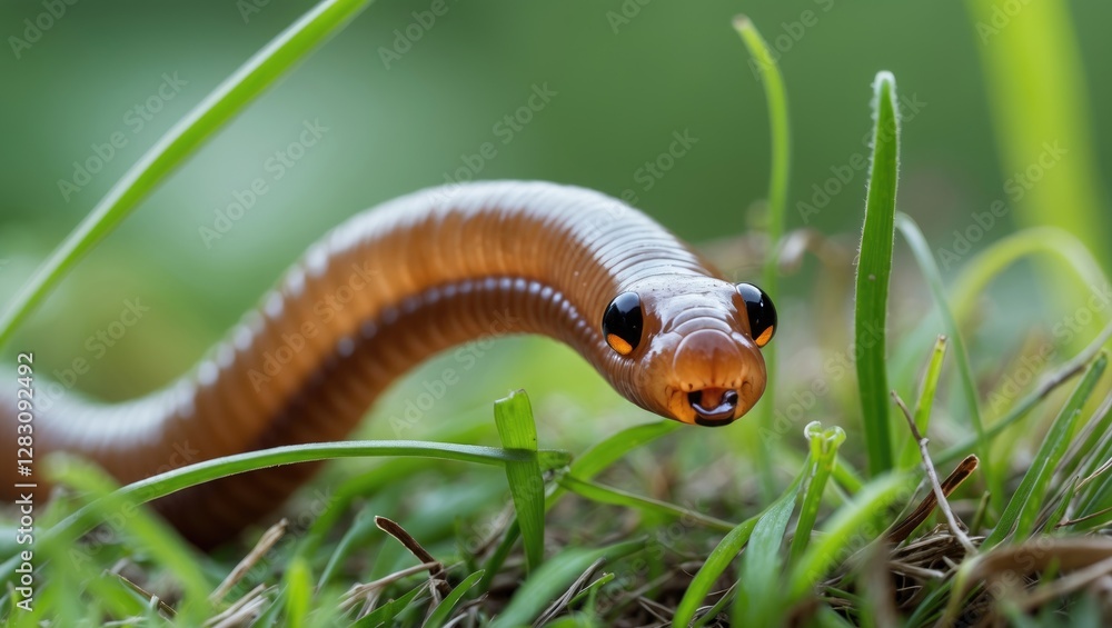Aufkleber brown snake crawling on grass with vibrant green background and sharp focus on details of the reptil