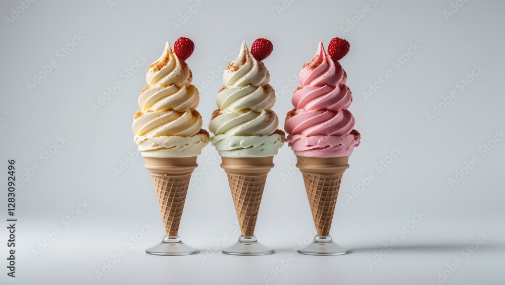 Poster three varieties of ice cream cones with swirled toppings in different colors topped with berries aga