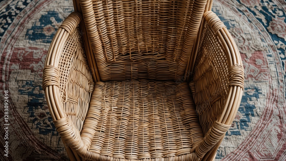 Poster rattan chair with intricate weaving patterns on a vintage rug background showcasing interior design 