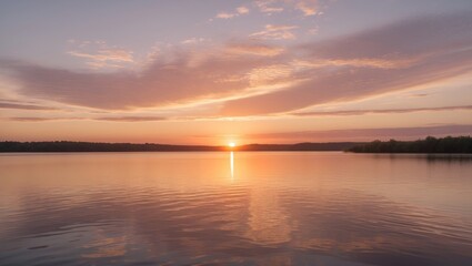 Sunset over calm lake with reflections in water and cloudy sky near horizon natural landscape with warm colors Copy Space