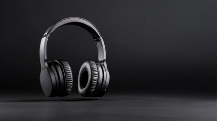 Black headphones, floating, dark background, music