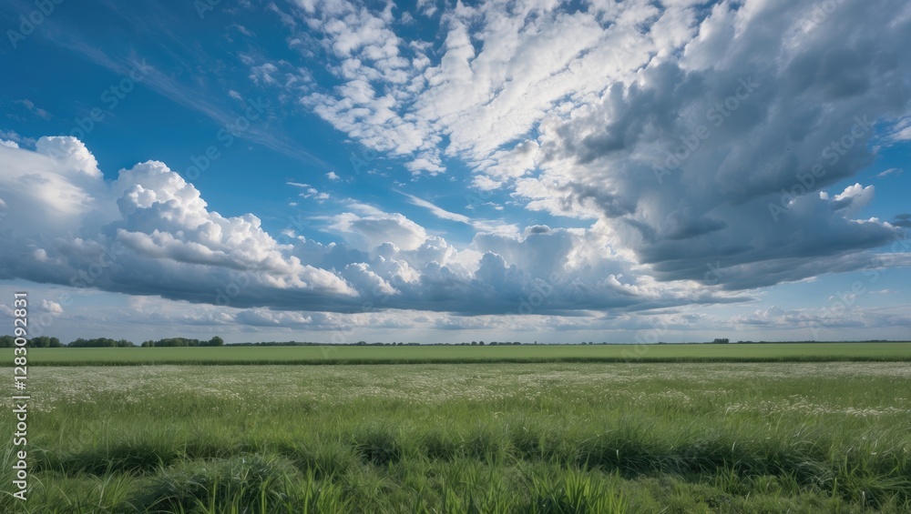 Poster vast green field under a dramatic sky with white clouds and blue background with ample copy space fo