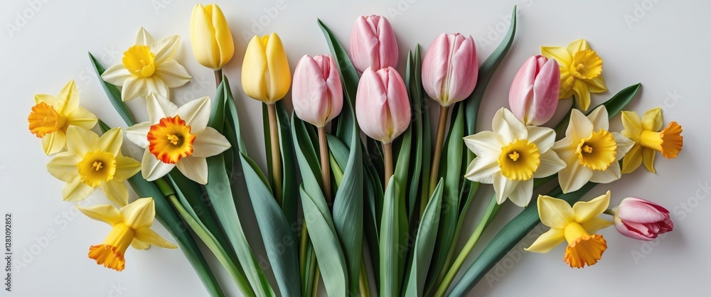 Poster colorful bouquet of tulips and daffodils on white background with ample copy space for text inclusio