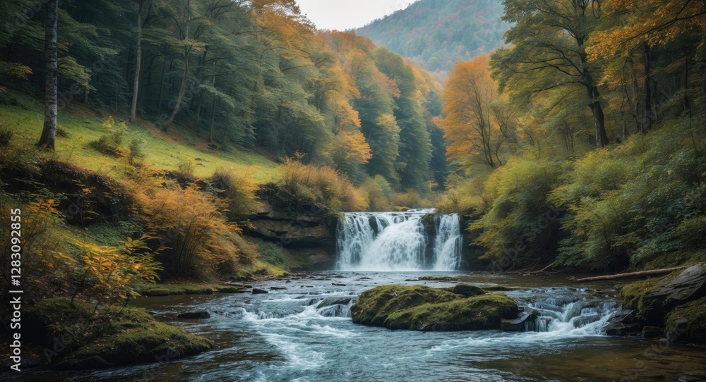 Poster autumn landscape with waterfall surrounded by colorful trees and flowing river in tranquil natural s