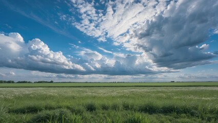 Obraz premium Vast green field under a dramatic sky with white clouds and blue background with ample Copy Space for text placement