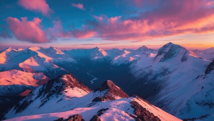 Mountain landscape at sunset with snow-covered peaks and dramatic clouds in the sky Copy Space