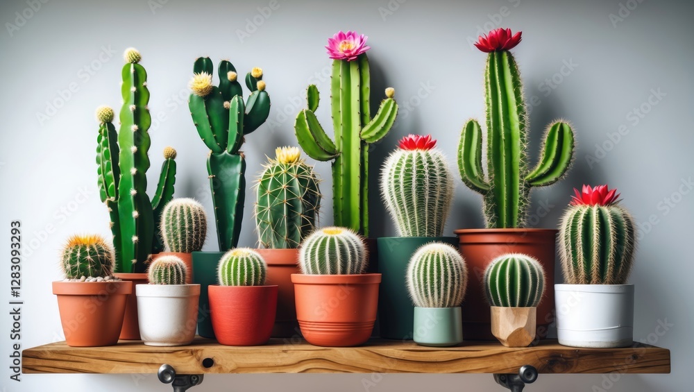 Poster variety of cacti in pots displayed on wooden shelf with neutral background and copy space