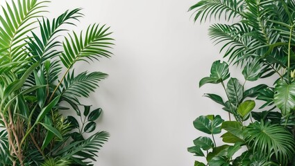 Obraz premium Lush tropical plants framing a blank wall with ample copy space for text or design elements