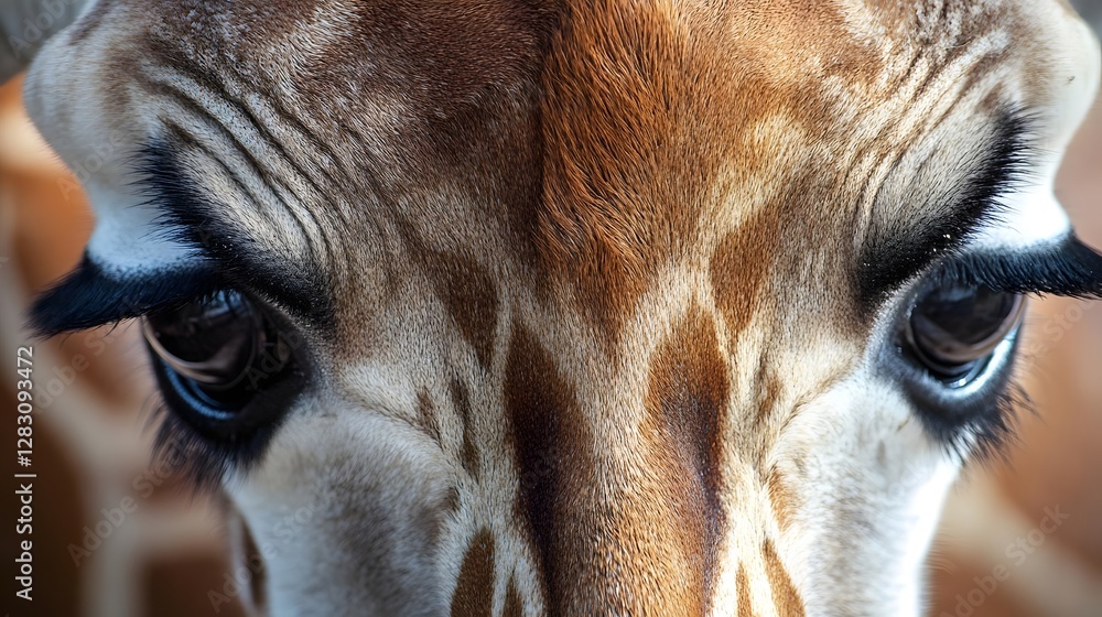 Poster close-up of a giraffe's expressive eyes showcasing intricate patterns and textures in a natural sett