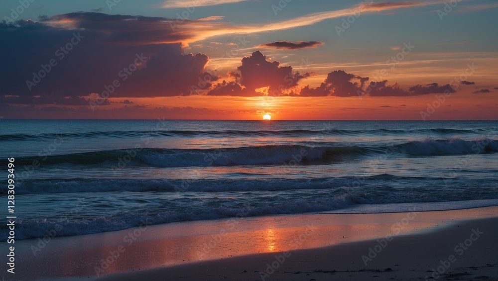 Aufkleber sunset over calm ocean waves reflecting colorful clouds on a sandy beach with copy space for text