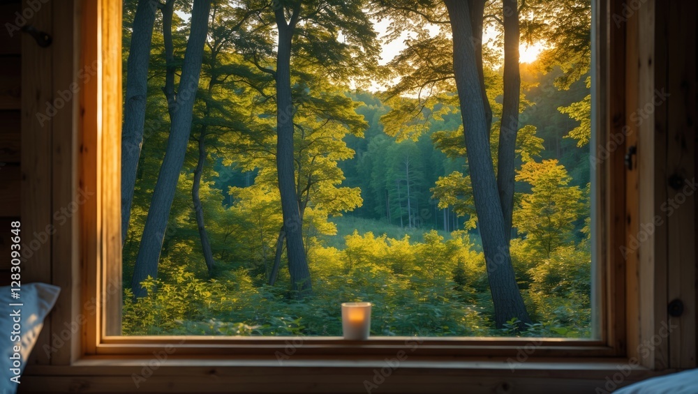 Poster sunlit forest view through a wooden window frame with a candle in foreground creating a cozy atmosph