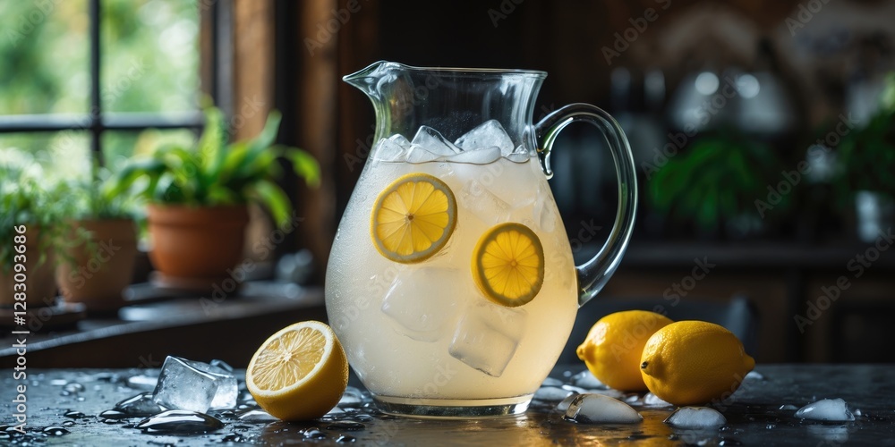 Poster fresh lemonade pitcher with lemon slices and ice on a table with lemons in a cozy kitchen setting co