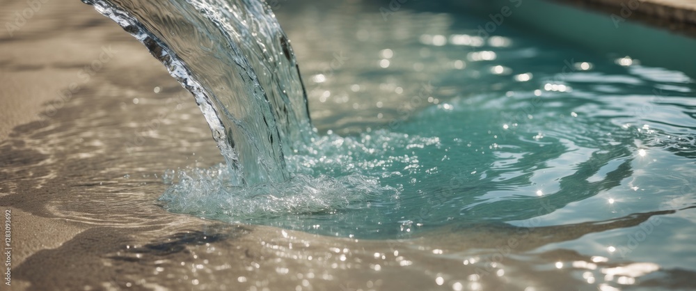 Poster flowing water into a pool creating ripples and reflections with a focus on water surface texture and