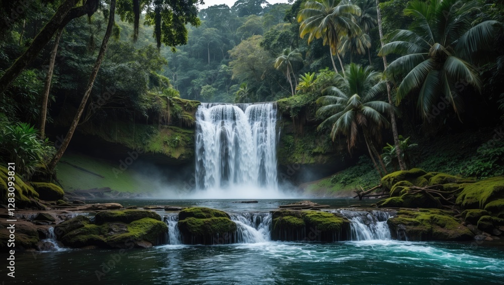 Poster lush tropical waterfall cascading into a serene pool surrounded by dense greenery and palm trees wit