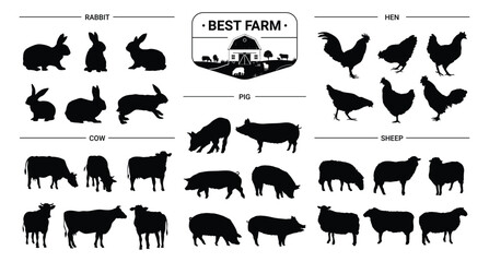 Farm animal silhouette set. Farming animals, sheep, rabbits, pigs, cows and hen. Isolated silhouette icon vector collection