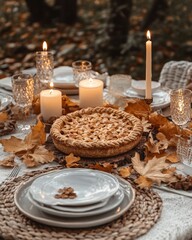 A cozy autumn table setting with rustic candles, golden leaves, and a freshly baked pie in the center,