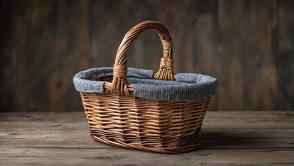 Woven wicker basket with grey fabric liner on wooden surface against rustic background with ample copy space
