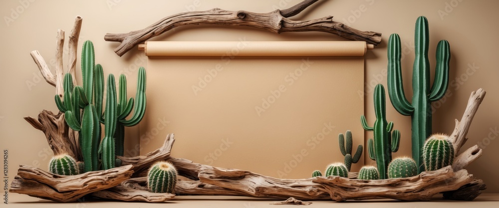 Poster cactus arrangement with driftwood frame and blank paper for text placement in desert themed design c