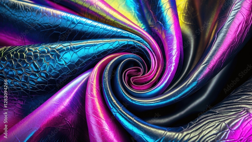 Poster vibrant multicolored leather fabric with a glossy texture featuring a spiraled design and intricate 