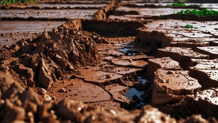 Sun dried cracked earth texture on a shrimp farm in Thailand highlighting agricultural practices and natural landscape elements.
