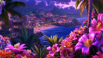 Tropical paradise evening coastal town scenic view lush flora serene atmosphere vibrant colors