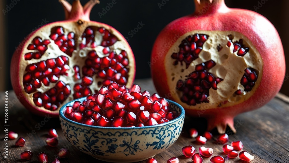 Poster pomegranate sliced in half with seeds and a bowl full of pomegranate seeds on wooden table with dark