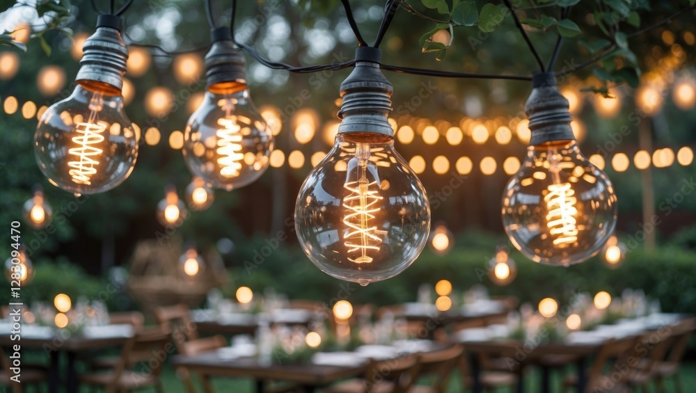 Poster decorative string lights glowing in garden setting with blurred wooden tables and chairs in backgrou