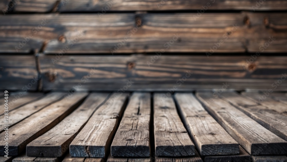Poster rustic wooden flooring and wall with grain texture and natural color variations suitable for backgro