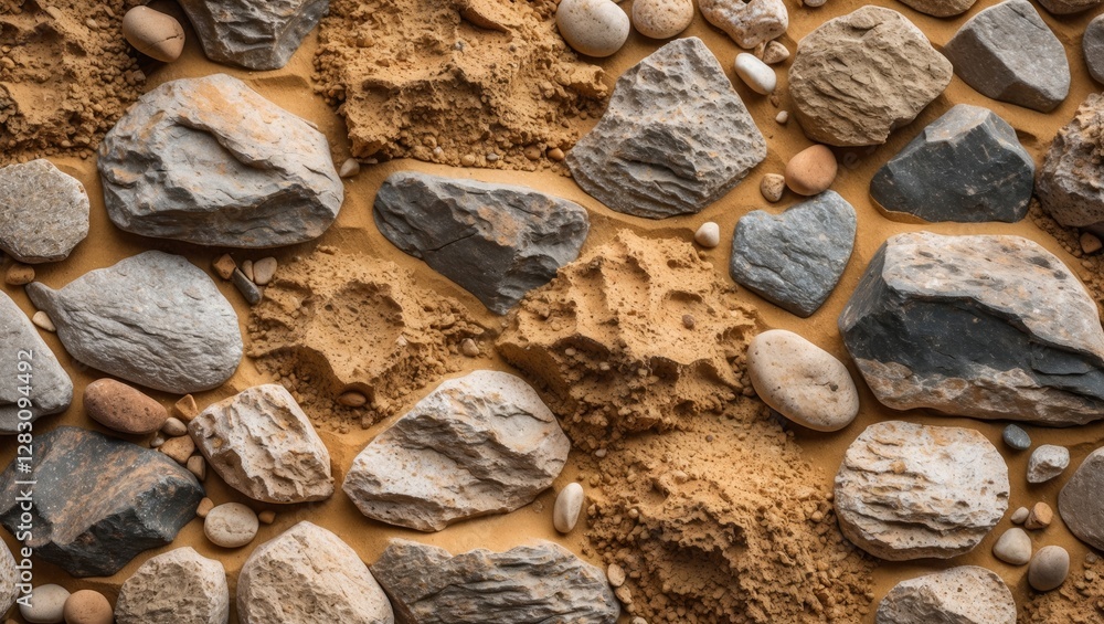 Poster sandstone texture with various rocks and pebbles scattered on the ground, creating a natural and ear