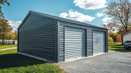 Fototapeta premium Side view of a prefabricated metal garage with heat-resistant roofing