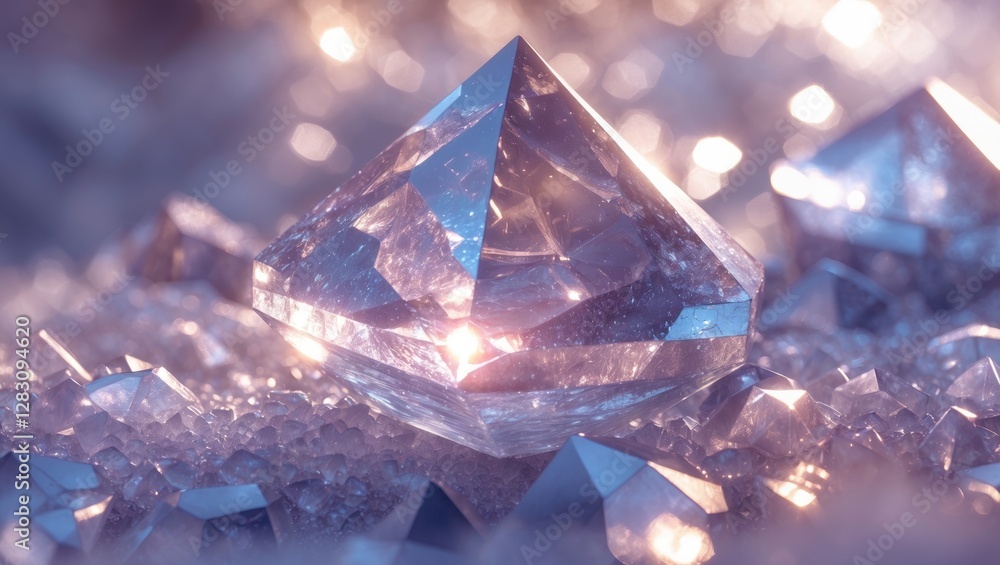 Poster glowing crystal pyramid surrounded by sparkling gems showcasing intricate texture and light reflecti