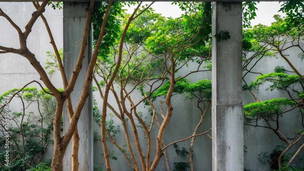 Poster concrete structure with lush green trees and branches creating a natural ambiance in an urban settin