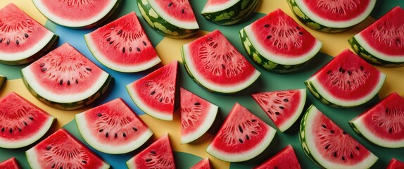Freshly sliced watermelon on colorful backgrounds with contrasting green and yellow tones, arranged for vibrant visual appeal. Copy Space