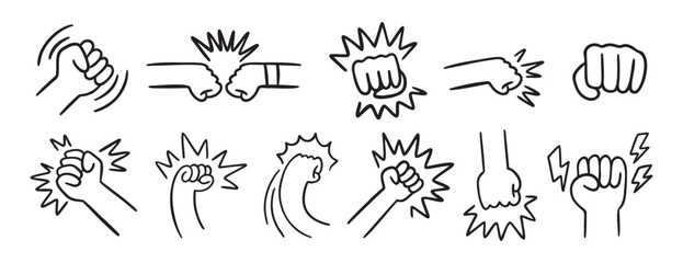  fist and fight related doodle hand drawn icon set. Outline drawing fist and fight related line clipart symbol collection