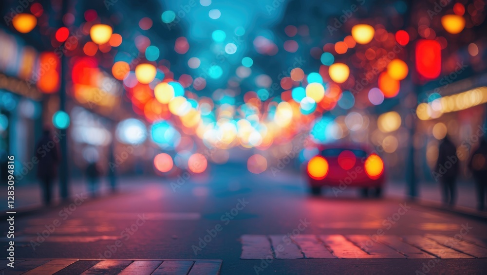 Poster abstract blurred street view with vibrant bokeh lights creating a dreamy atmosphere at night, ideal 