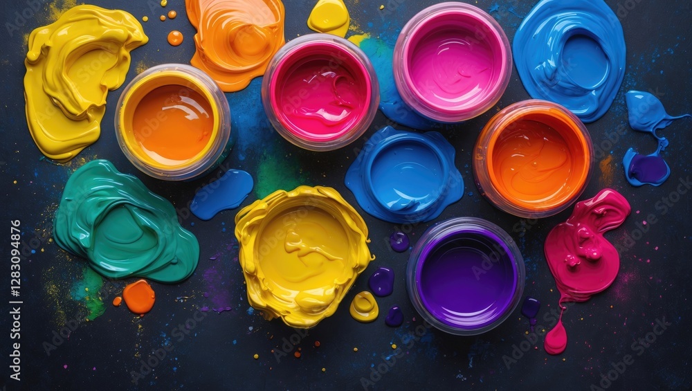 Poster vibrant paint pots with colorful splashes on a dark background creating an artistic and creative moo