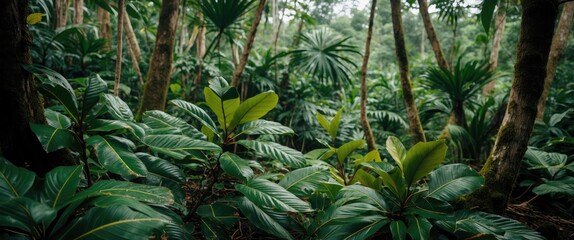 Fototapeta premium Lush tropical jungle with dense green foliage and towering palm trees, providing a rich natural environment, Copy Space
