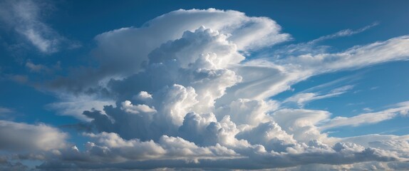 Dramatic cloud formations in blue sky with soft white clouds and copy space for text insertion