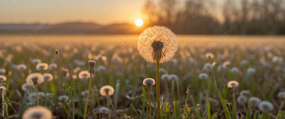 Poster dandelion field at sunset with sun rays illuminating the flowers and soft bokeh in background copy s