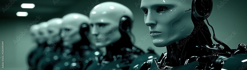Poster robot and futuristic concept, robotic figures in a futuristic setting