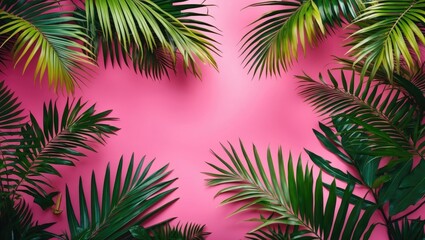 Tropical green palm leaves against a bright pink background with space for text Copy Space