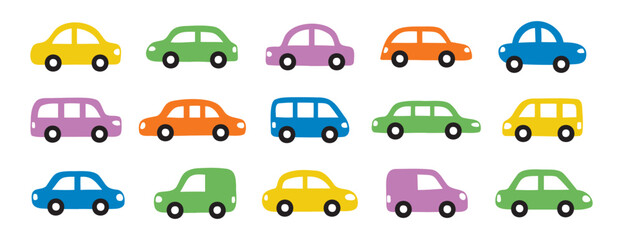 colorful cars set. Cute icons collection hand drawn doodle style for design of children kids room, clothes, fabric